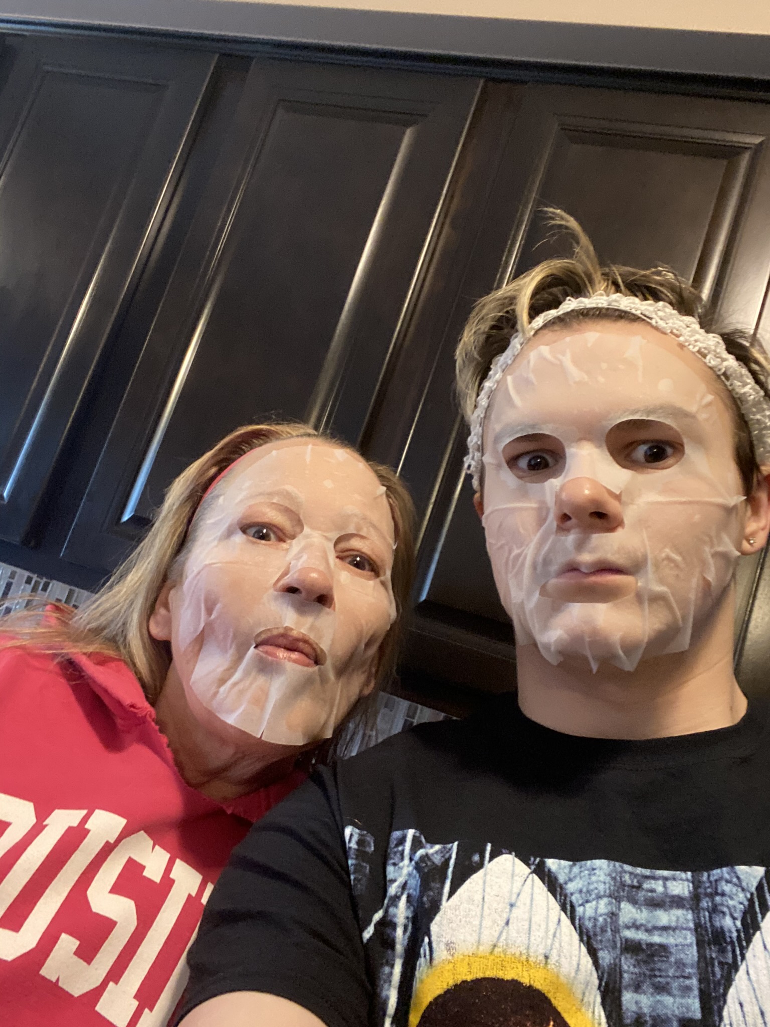 Mom and son do facemasks